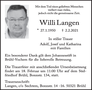 Anzeige von Willi Langen von  Schlossbote/Werbekurier 