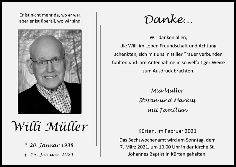  Traueranzeige für Willi Müller vom 27.02.2021 aus Kölner Stadt-Anzeiger / Kölnische Rundschau / Express
