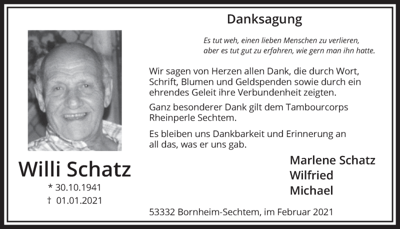  Traueranzeige für Willi Schatz vom 26.02.2021 aus  Schlossbote/Werbekurier 