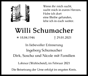 Anzeige von Willi Schumacher von Kölner Stadt-Anzeiger / Kölnische Rundschau / Express