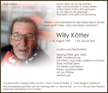 Anzeige von Willy Kötter von  Bergisches Handelsblatt 