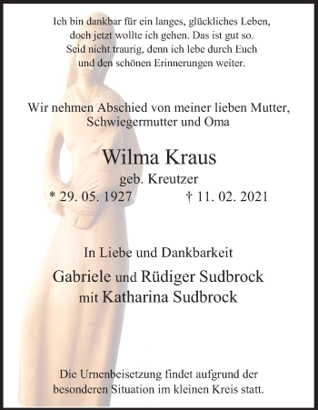 Anzeige von Wilma Kraus von Kölner Stadt-Anzeiger / Kölnische Rundschau / Express