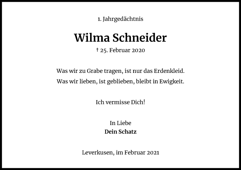  Traueranzeige für Wilma Schneider vom 27.02.2021 aus Kölner Stadt-Anzeiger / Kölnische Rundschau / Express