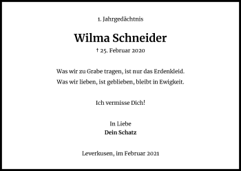 Anzeige von Wilma Schneider von Kölner Stadt-Anzeiger / Kölnische Rundschau / Express