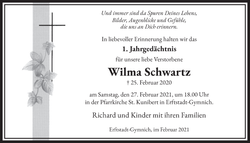  Traueranzeige für Wilma Schwartz vom 19.02.2021 aus  Werbepost 