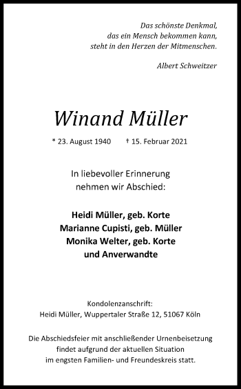 Anzeige von Winand Müller von Kölner Stadt-Anzeiger / Kölnische Rundschau / Express