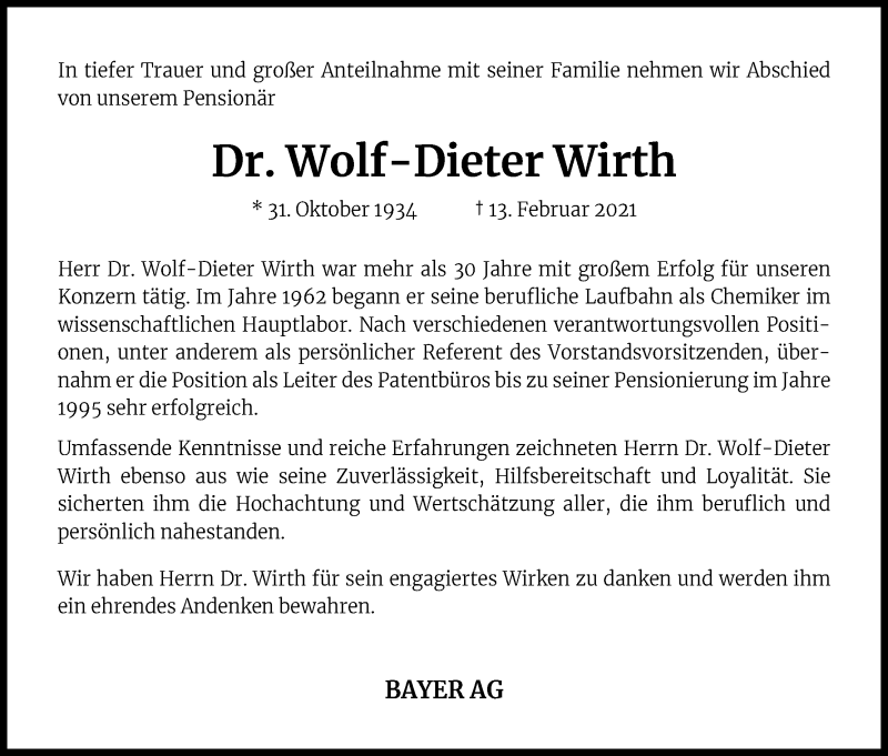  Traueranzeige für Wolf-Dieter Wirth vom 27.02.2021 aus Kölner Stadt-Anzeiger / Kölnische Rundschau / Express