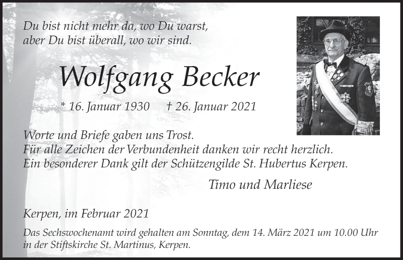  Traueranzeige für Wolfgang Becker vom 26.02.2021 aus  Werbepost 