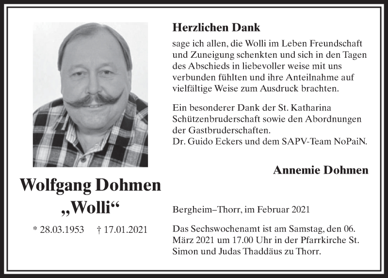  Traueranzeige für Wolfgang Dohmen vom 26.02.2021 aus  Werbepost 