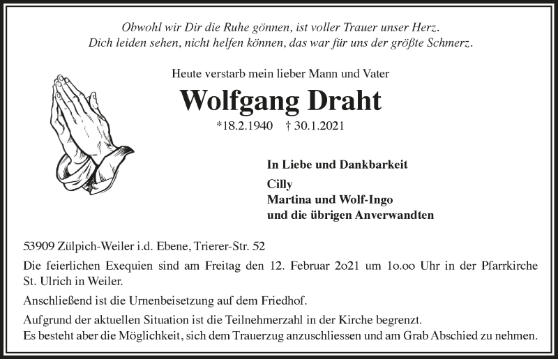  Traueranzeige für Wolfgang Draht vom 06.02.2021 aus  Blickpunkt Euskirchen 