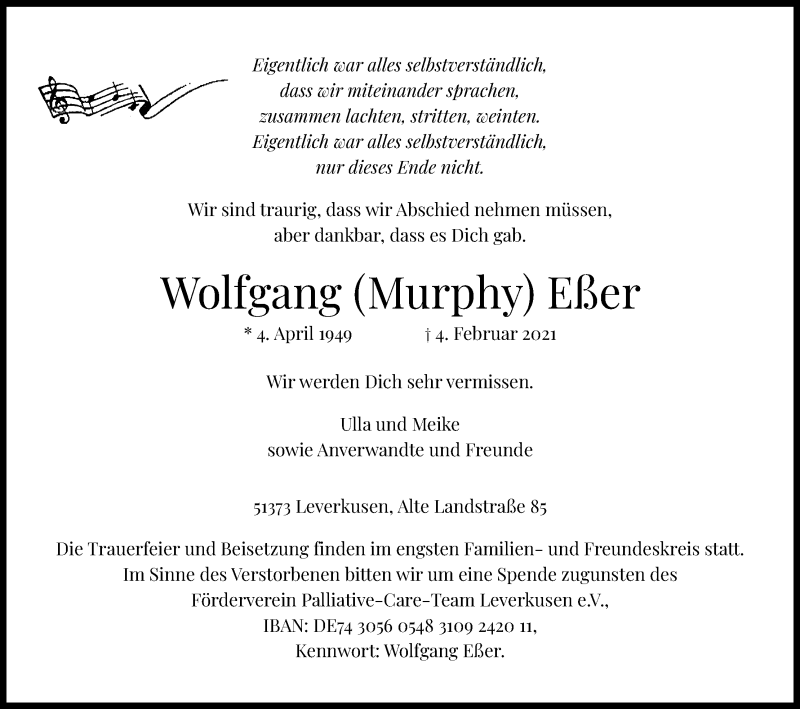  Traueranzeige für Wolfgang Eßer vom 13.02.2021 aus Kölner Stadt-Anzeiger / Kölnische Rundschau / Express