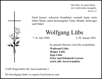 Anzeige von Wolfgang Lübs von Kölner Stadt-Anzeiger / Kölnische Rundschau / Express