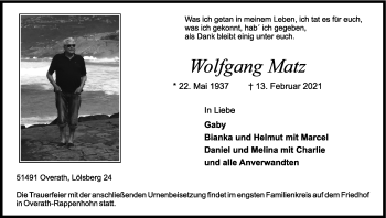 Traueranzeigen von Wolfgang Matz WirTrauern