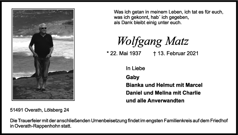  Traueranzeige für Wolfgang Matz vom 20.02.2021 aus Kölner Stadt-Anzeiger / Kölnische Rundschau / Express