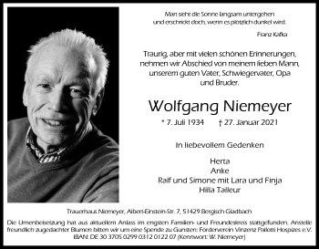 Anzeige von Wolfgang Niemeyer von Kölner Stadt-Anzeiger / Kölnische Rundschau / Express