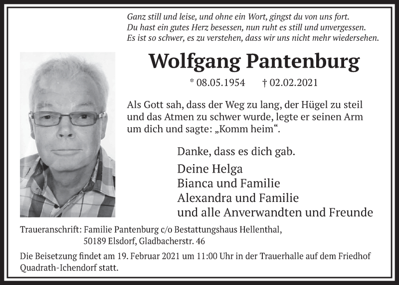  Traueranzeige für Wolfgang Pantenburg vom 12.02.2021 aus  Werbepost 