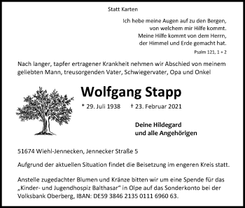 Anzeige von Wolfgang Stapp von Kölner Stadt-Anzeiger / Kölnische Rundschau / Express