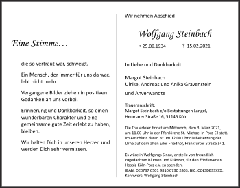 Anzeige von Wolfgang Steinbach von  Kölner Wochenspiegel 