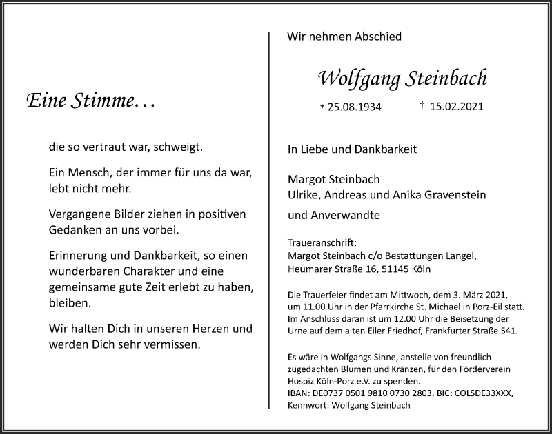  Traueranzeige für Wolfgang Steinbach vom 26.02.2021 aus  Kölner Wochenspiegel 