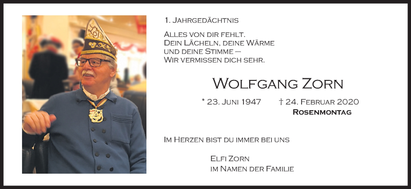  Traueranzeige für Wolfgang Zorn vom 27.02.2021 aus Kölner Stadt-Anzeiger / Kölnische Rundschau / Express