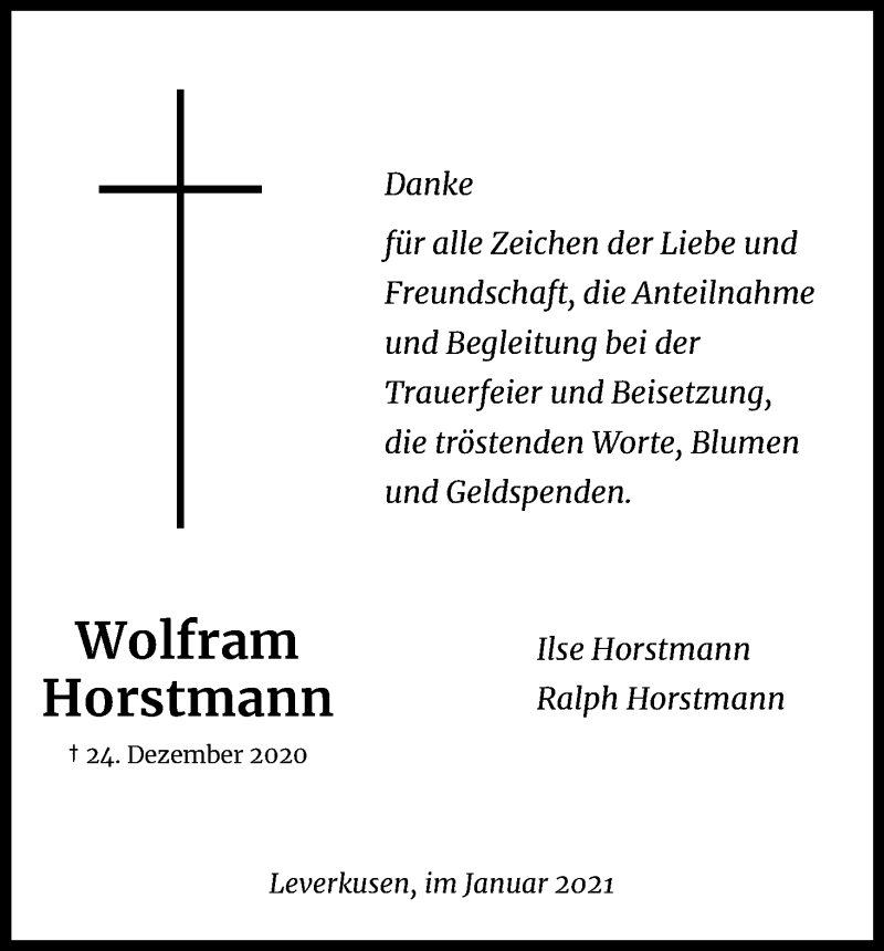  Traueranzeige für Wolfram Horstmann vom 03.02.2021 aus Kölner Stadt-Anzeiger / Kölnische Rundschau / Express