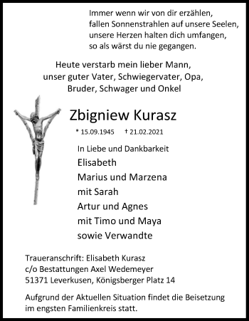 Anzeige von Zbigniew Kurasz von Kölner Stadt-Anzeiger / Kölnische Rundschau / Express