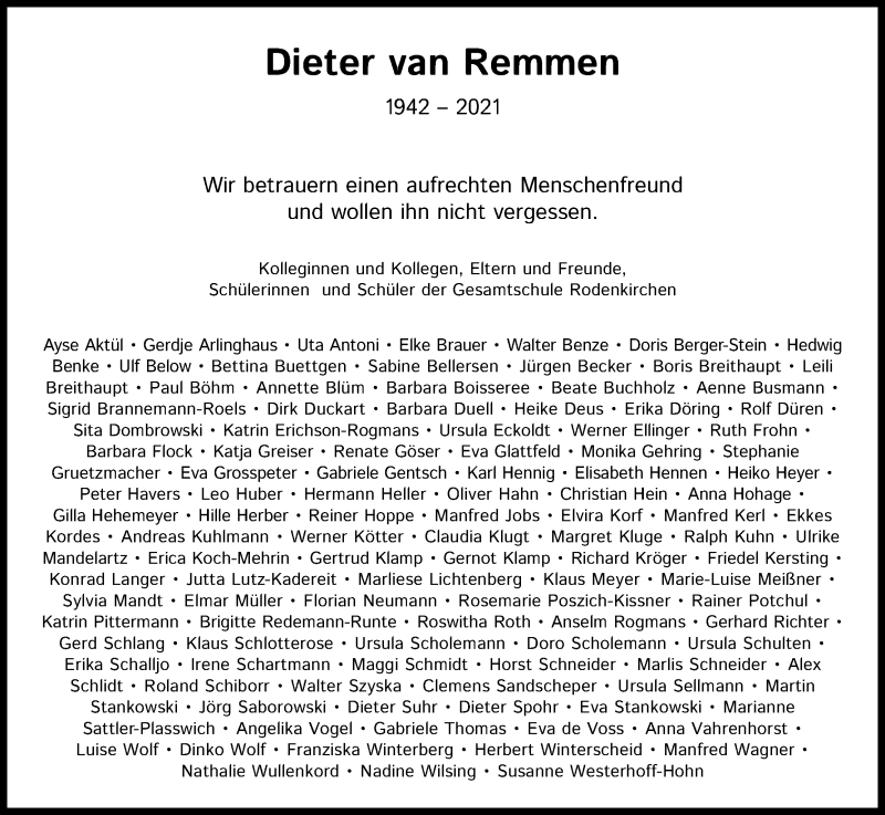  Traueranzeige für Dieter van Remmen vom 09.03.2021 aus Kölner Stadt-Anzeiger / Kölnische Rundschau / Express