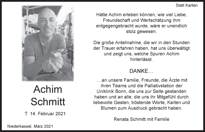  Traueranzeige für Achim Schmitt vom 12.03.2021 aus  Kölner Wochenspiegel 