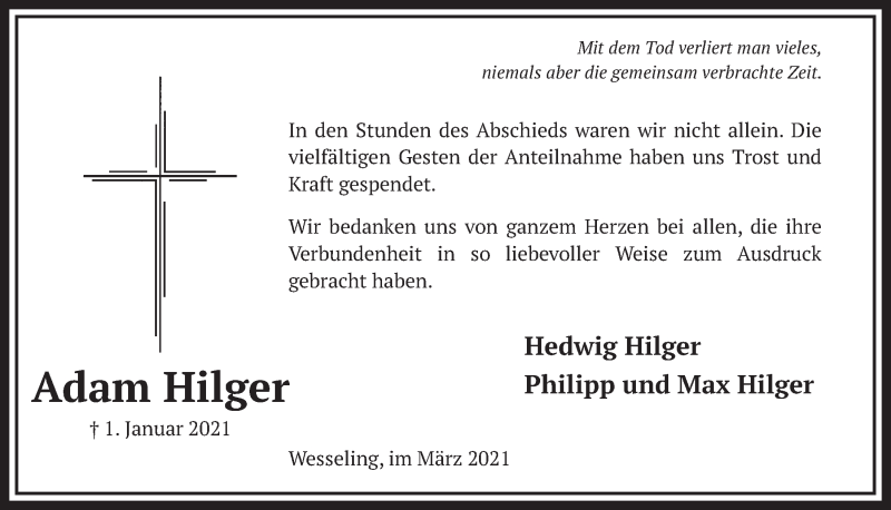  Traueranzeige für Adam  Hilger vom 05.03.2021 aus  Schlossbote/Werbekurier 