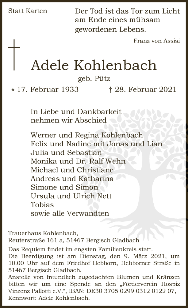  Traueranzeige für Adele Kohlenbach vom 05.03.2021 aus  Bergisches Handelsblatt 
