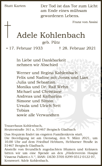 Anzeige von Adele Kohlenbach von  Bergisches Handelsblatt 