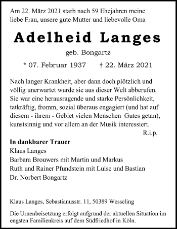 Anzeige von Adelheid Langes von Kölner Stadt-Anzeiger / Kölnische Rundschau / Express