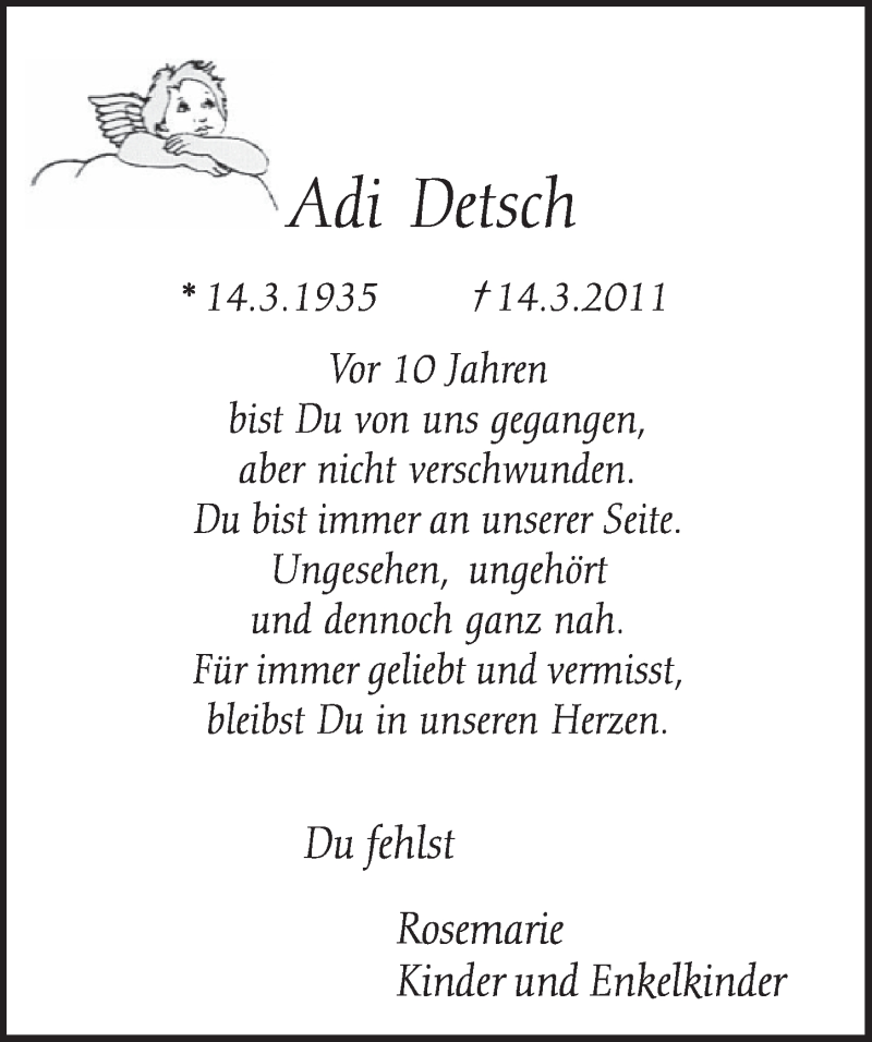  Traueranzeige für Adi Detsch vom 19.03.2021 aus  Schlossbote/Werbekurier 