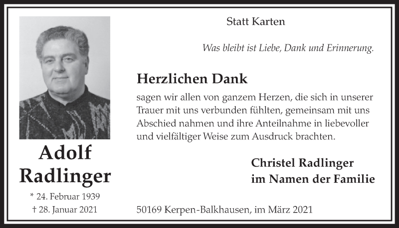  Traueranzeige für Adolf Radlinger vom 05.03.2021 aus  Werbepost 