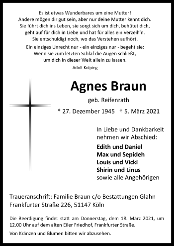 Anzeige von Agnes Braun von  Kölner Wochenspiegel 