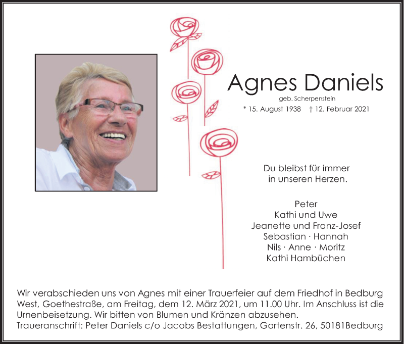  Traueranzeige für Agnes Daniels vom 06.03.2021 aus Kölner Stadt-Anzeiger / Kölnische Rundschau / Express