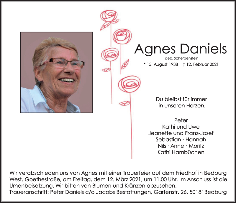  Traueranzeige für Agnes Daniels vom 05.03.2021 aus  Werbepost 