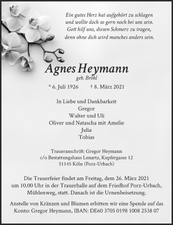 Anzeige von Agnes Heymann von  Kölner Wochenspiegel 