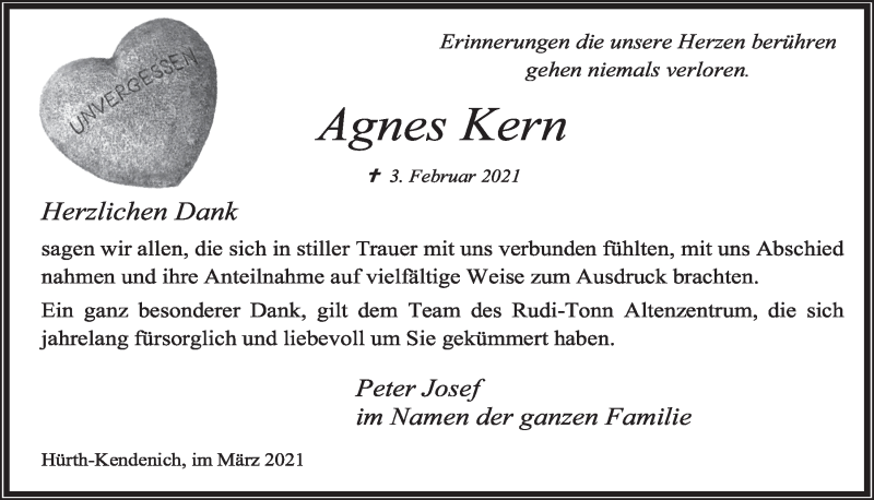  Traueranzeige für Agnes Kern vom 12.03.2021 aus  Wochenende 