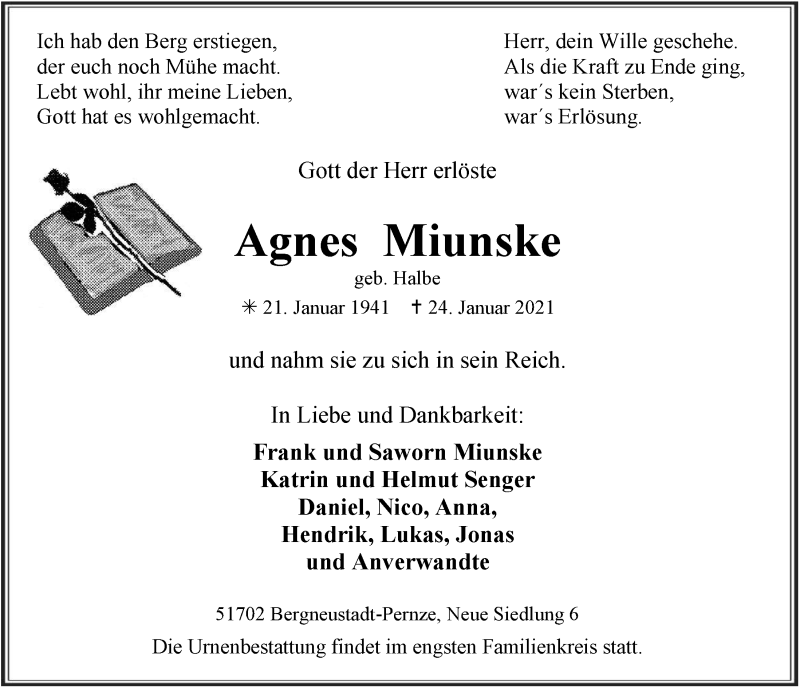  Traueranzeige für Agnes Miunske vom 12.03.2021 aus  Anzeigen Echo 