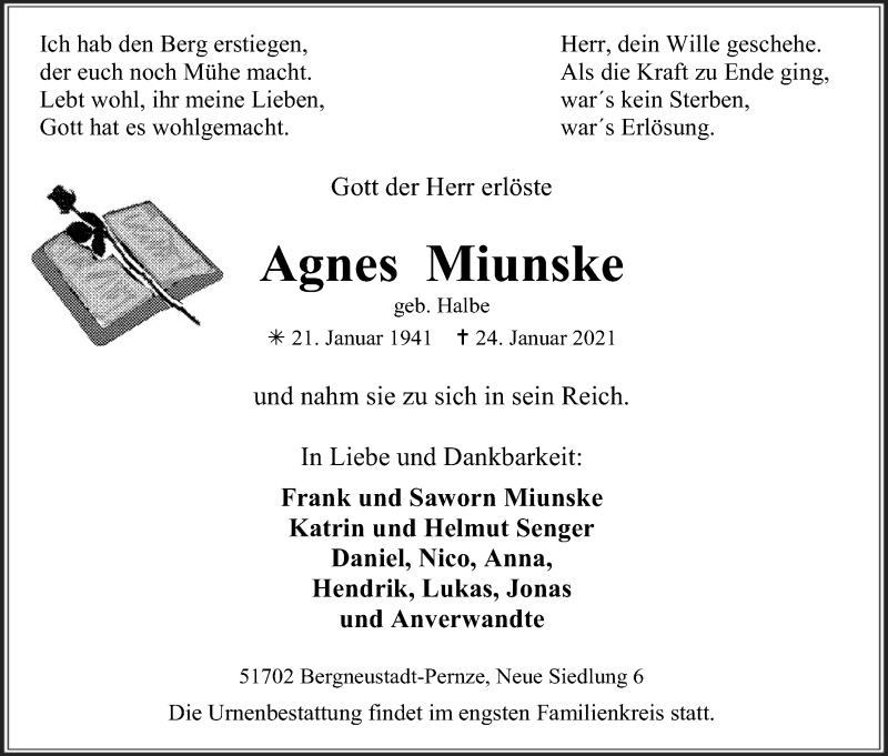  Traueranzeige für Agnes Miunske vom 06.03.2021 aus Kölner Stadt-Anzeiger / Kölnische Rundschau / Express