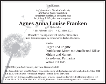 Anzeige von Agnes Anna Louise Franken von  Werbepost 