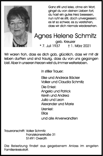 Anzeige von Agnes Helene Schmitz von Kölner Stadt-Anzeiger / Kölnische Rundschau / Express