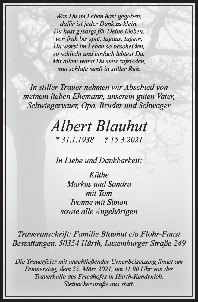  Traueranzeige für Albert Blauhut vom 19.03.2021 aus  Wochenende 