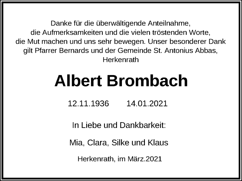  Traueranzeige für Albert Brombach vom 13.03.2021 aus Kölner Stadt-Anzeiger / Kölnische Rundschau / Express