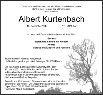 Anzeige von Albert Kurtenbach von Kölner Stadt-Anzeiger / Kölnische Rundschau / Express