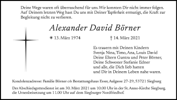 Anzeige von Alexander David Börner von Kölner Stadt-Anzeiger / Kölnische Rundschau / Express