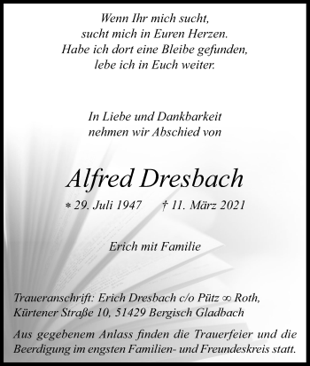 Anzeige von Alfred Dresbach von Kölner Stadt-Anzeiger / Kölnische Rundschau / Express