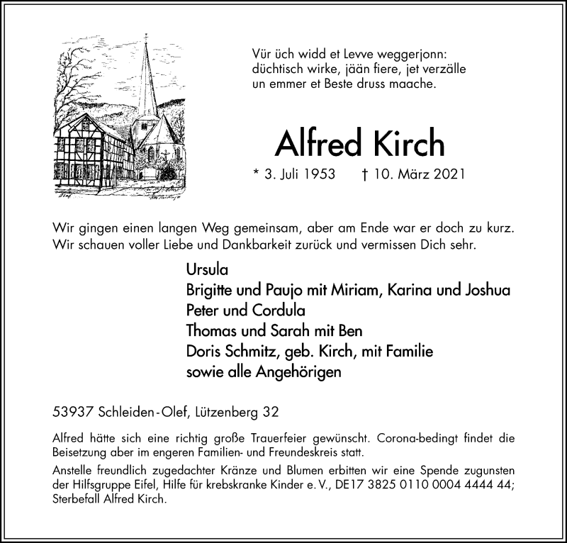  Traueranzeige für Alfred Kirch vom 13.03.2021 aus Kölner Stadt-Anzeiger / Kölnische Rundschau / Express