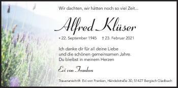 Anzeige von Alfred Klüser von Kölner Stadt-Anzeiger / Kölnische Rundschau / Express